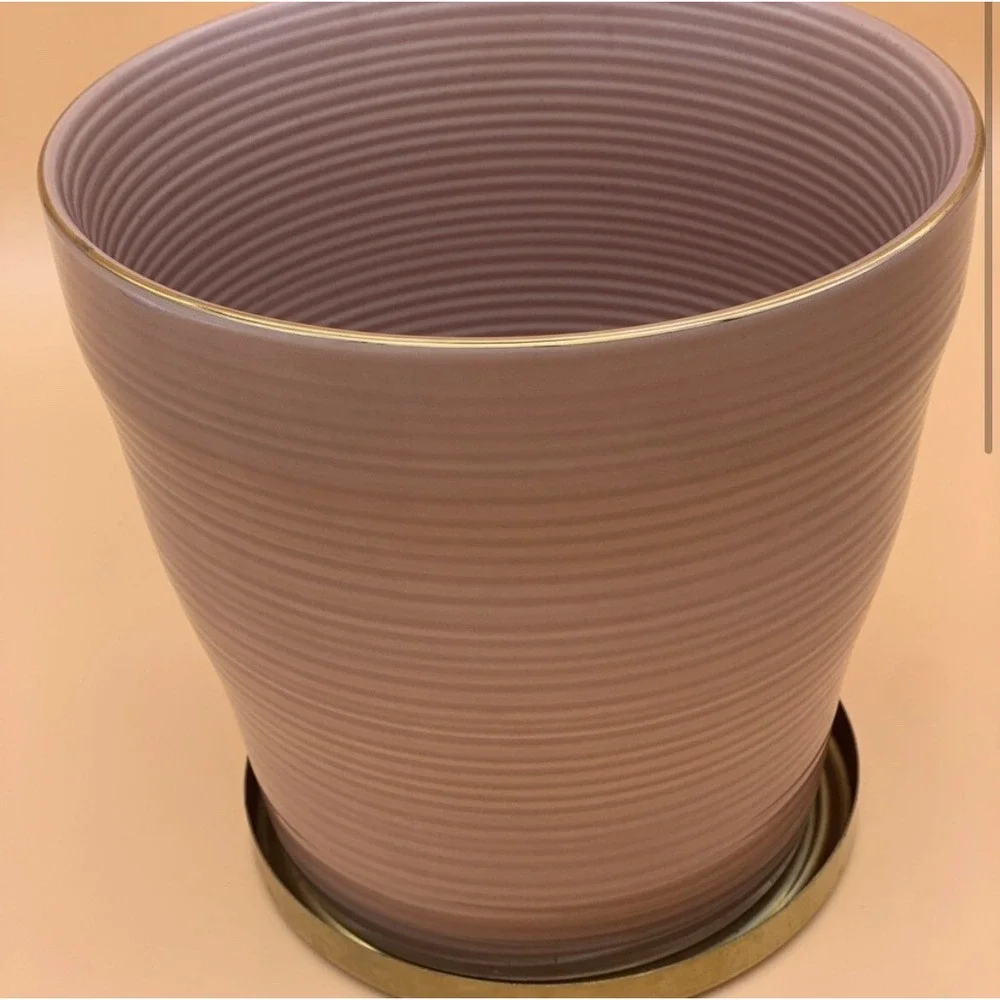 Modern‎ Ribbed Ceramic Planter Pot with Gold Saucer Light pink